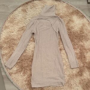 SHEIN Beige Ribbed Turtleneck Dress